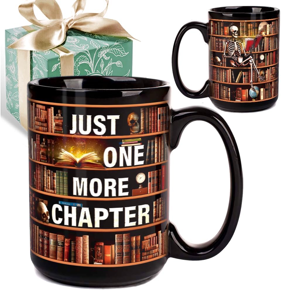 Funny Book Mug Gifts for Lovers - Just One More Chapter Coffee Mug 15oz, Bookish Gifts for Women Men, Skull Bookshelf Coffee Mugs, Birthday Bookworm Librarian Book Club Gift