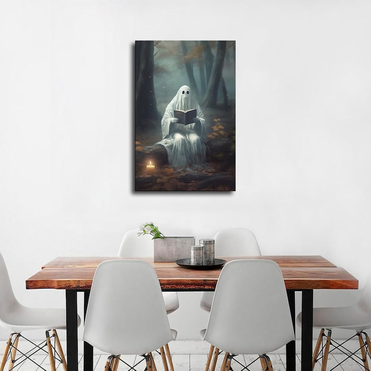 Halloween Ghost Reading Book Poster Decorative Painting Print Modern Home Bedroom Living Room Decoration Canvas Wall Art Aesthetic (08×12inch_Unframed)