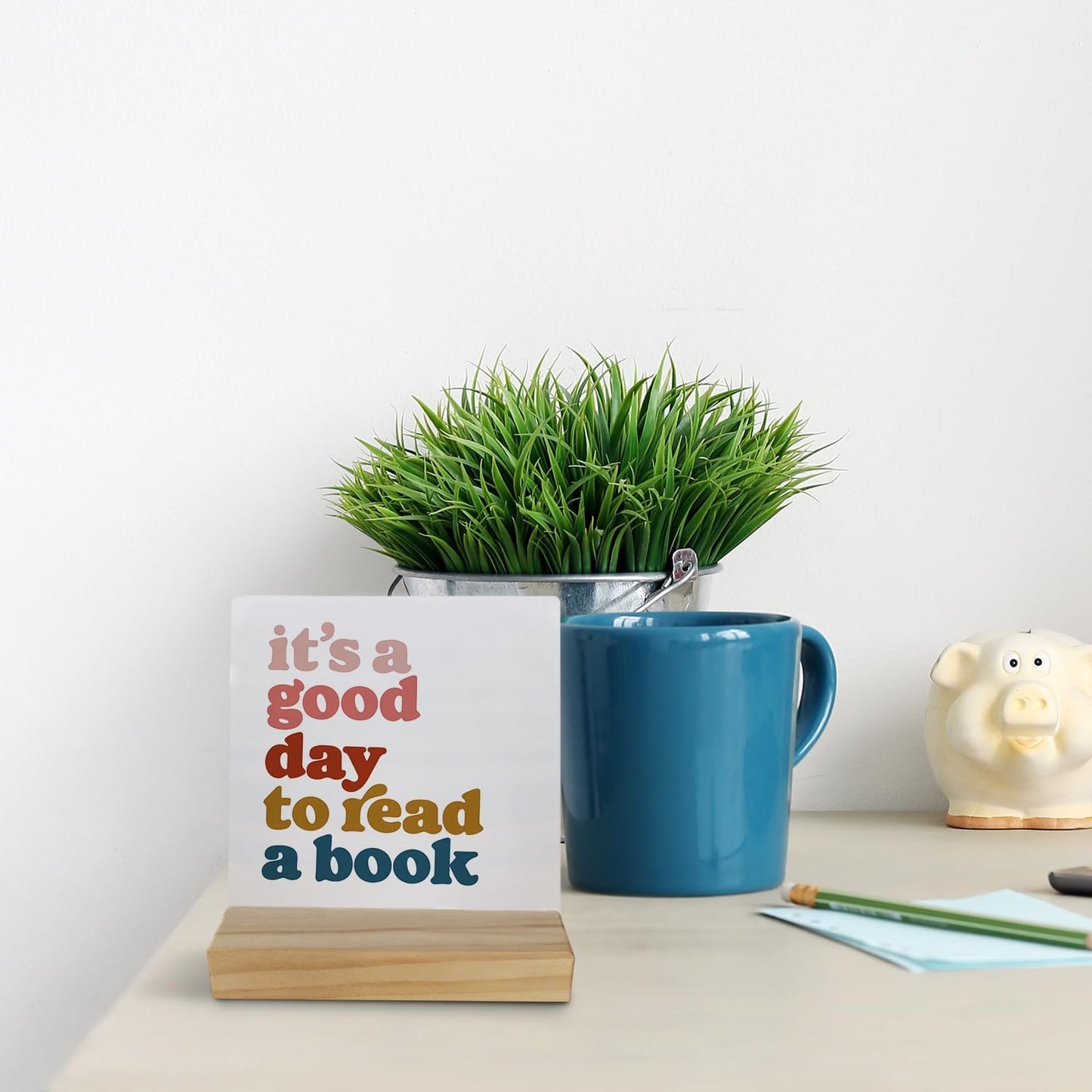 Book Lovers Desk Sign - Boho Rainbow Classroom Library Decor, It's a Good Day to Read a Book Wooden Sign 4x4, Reading Room Decor Desk Signs, Book Lover Gift for Kids