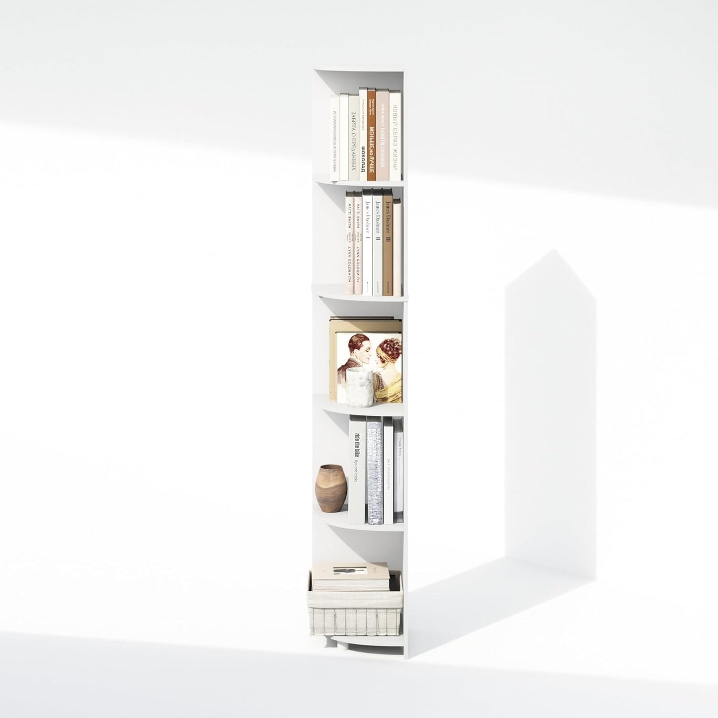 5-Tier Bookshelf with Corner Shelf — 12×12×70.8 in, White