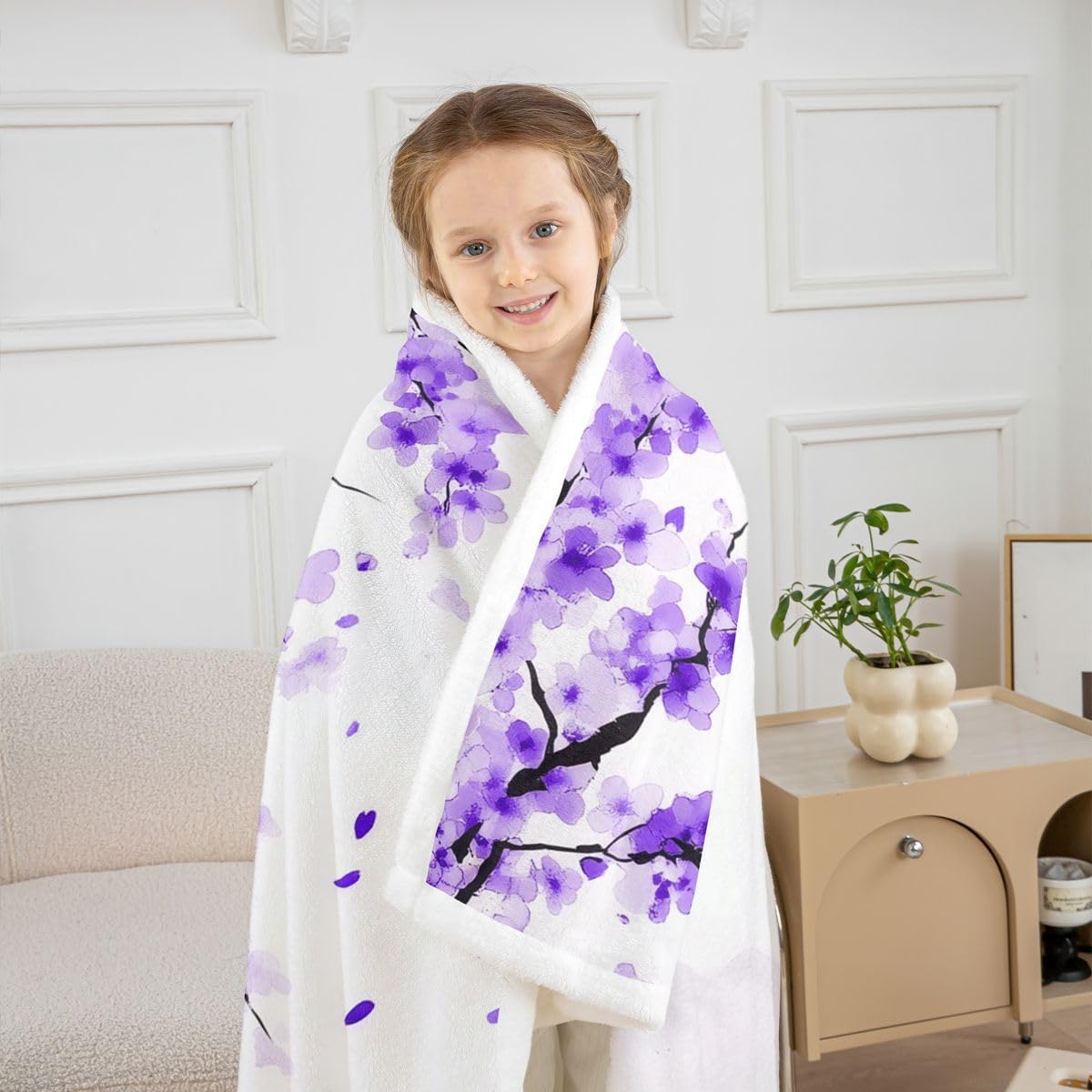 Feelyou Japanese Sherpa Throw Blanket for Couch Purple Mountain Super Soft Cozy Fleece Trees Natural Scenery Art Blanket for Winter, Plush Throw Nature Lover Gift Twin 60"x80" All Season