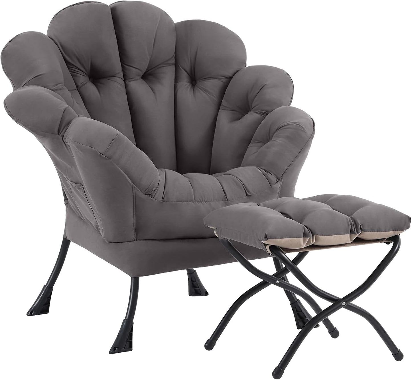 Lazy Chair with Ottoman, Modern Floral Reading Chair with Folding Footrest, Dark Grey Accent Chairs, Comfortable Oversized Armchairs for Bedroom, Living Room, Courtyard