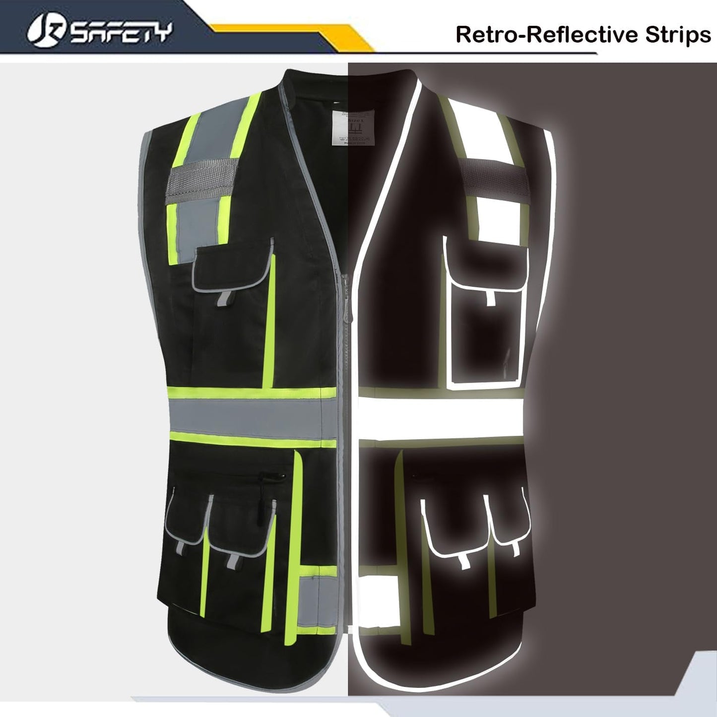 JKSafety 10 Pockets Hi-Vis Zipper Front Black Safety Vest | Cushioned Collar | High Reflective Tapes with Extended Neon Yellow Strips | Meets ANSI/ISEA Standards (Large, 89-Black)