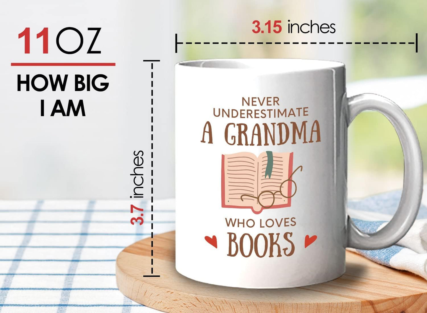 Bubble Hugs Fable Coffee Mug 11oz White - Never Underestimate Grandma - Reading Reader Old Lady Granny Book Lover Bookish Novelist Librarian Writer