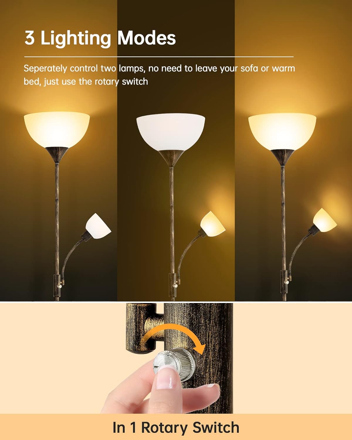 BoostArea Floor Lamps for Living Room, Standing Lamp, 71" Torchiere Floor Lamp with Reading Lamp, 3 Way Switch, Corner Floor Lamps for Living Room/Bedroom, Rustic Bronze Floor Lamp(E26 Base, No Bulb)
