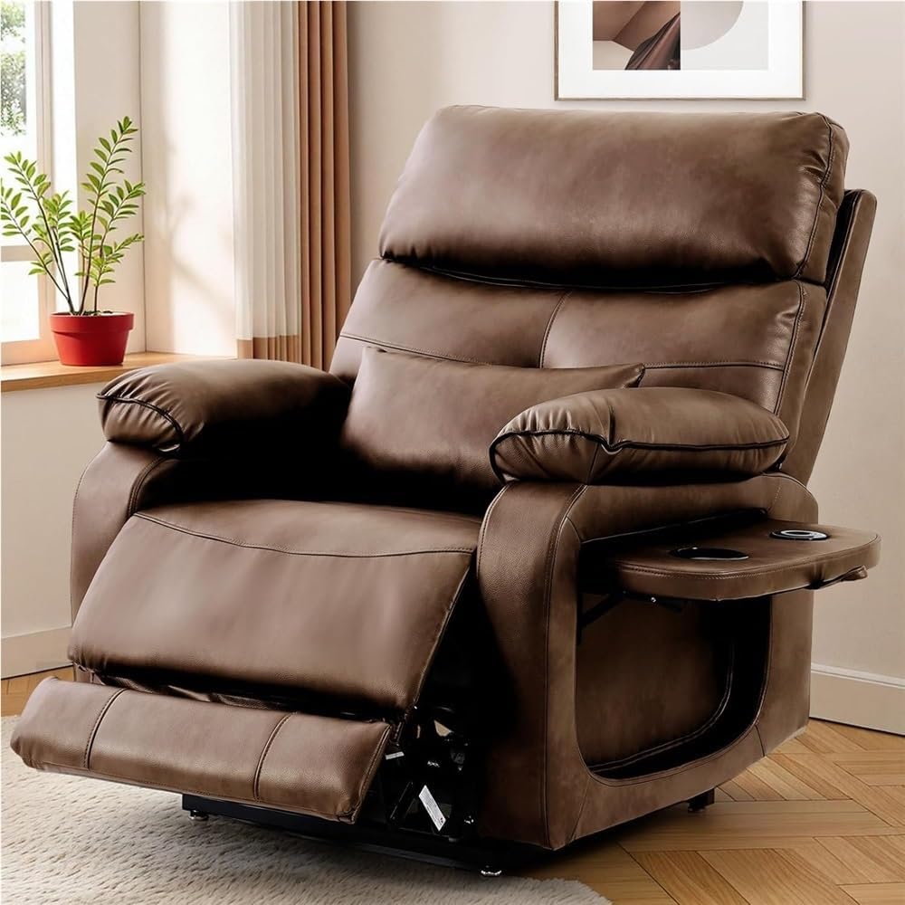 Power Recliner Chair with Heat & Massage Brown Leather Electric Lift Recliner Chair with Dual Motors Infinite Position Lay Flat Luxury Home Theater Reclining Sofa Seat