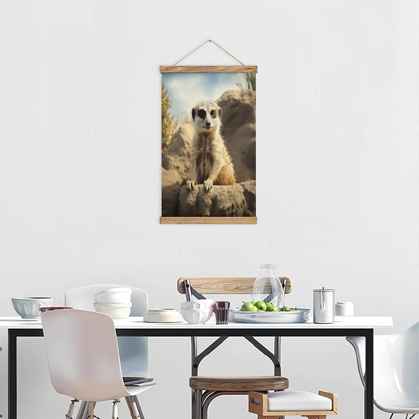 Vintage Meerkat Animal Poster with Wooden Frame Personalized Linen Hanging Scroll Painting Rustic Wall Hanging Illustrative Modern Artwork Decor for Home Living Room Bedroom Office