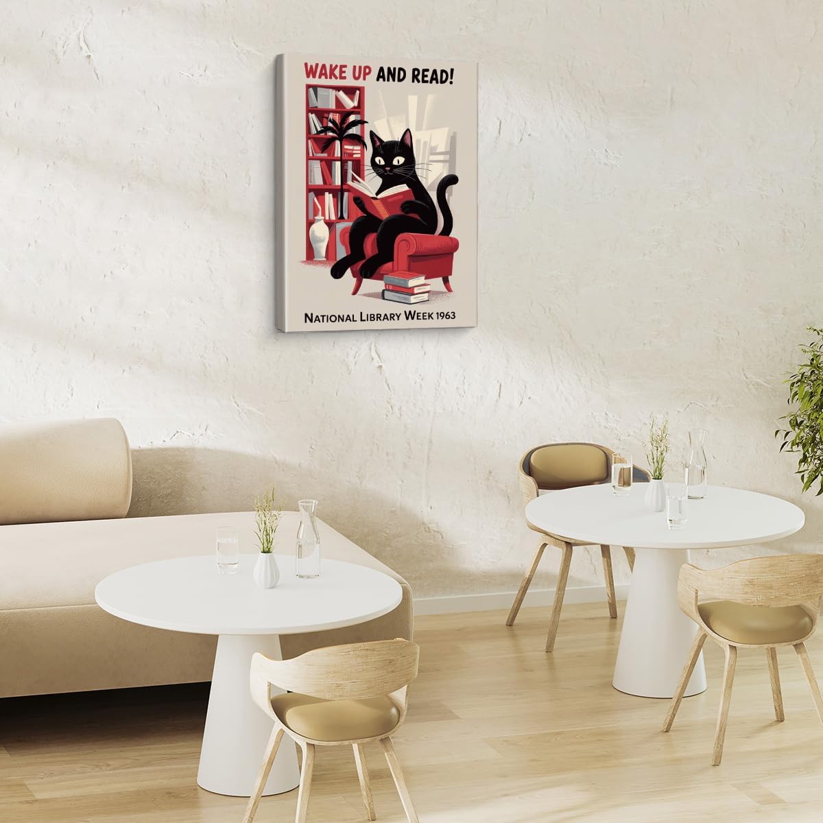 Funny Cat Reading Canvas Wall Art Print Cute Cat National Library Week Picture Poster Wall Decor for Library Home Reading Room 8x10 Framed, Book Lover Gifts