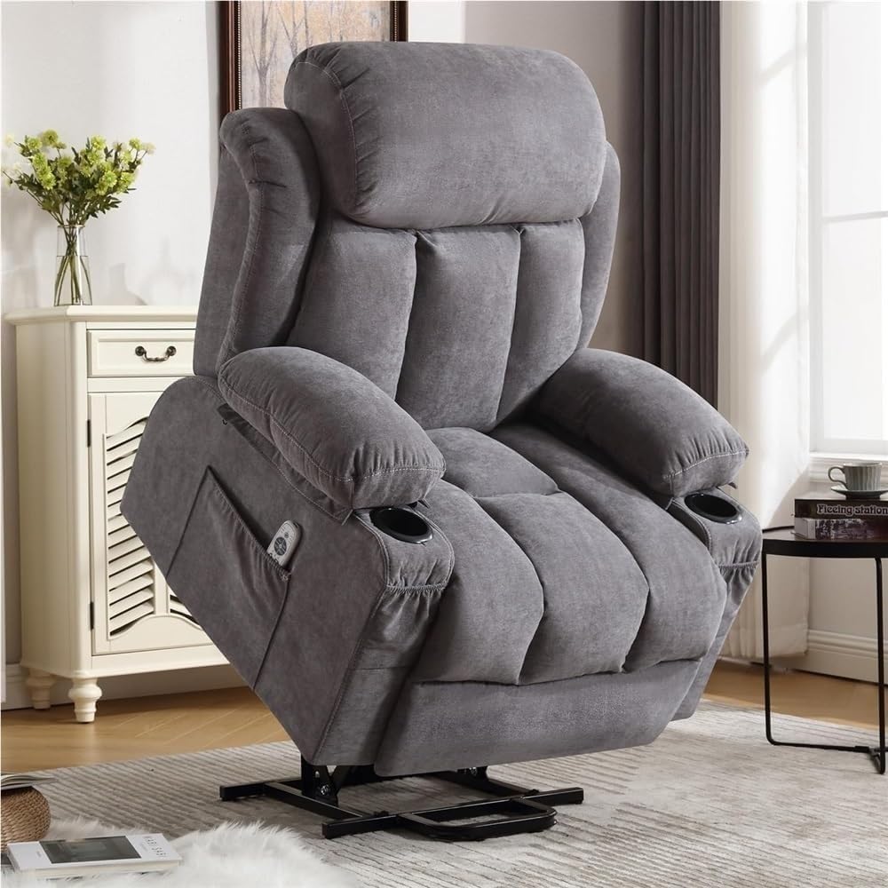 Electric Lift Recliner Chair for Elderly with Heat and Massage Ergonomic Single Lounge Chairs Comfortable Home Theater Seating for Living Room with Cup Holders Side Pocket