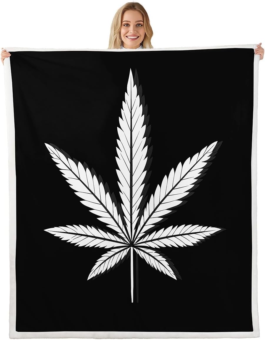 Feelyou Marijuana Sherpa Blanket Cannabis Leaves Throw Fleece for Couch Bed Sofa Men Bedroom Decor Black White Pattern Fuzzy 50"x60"