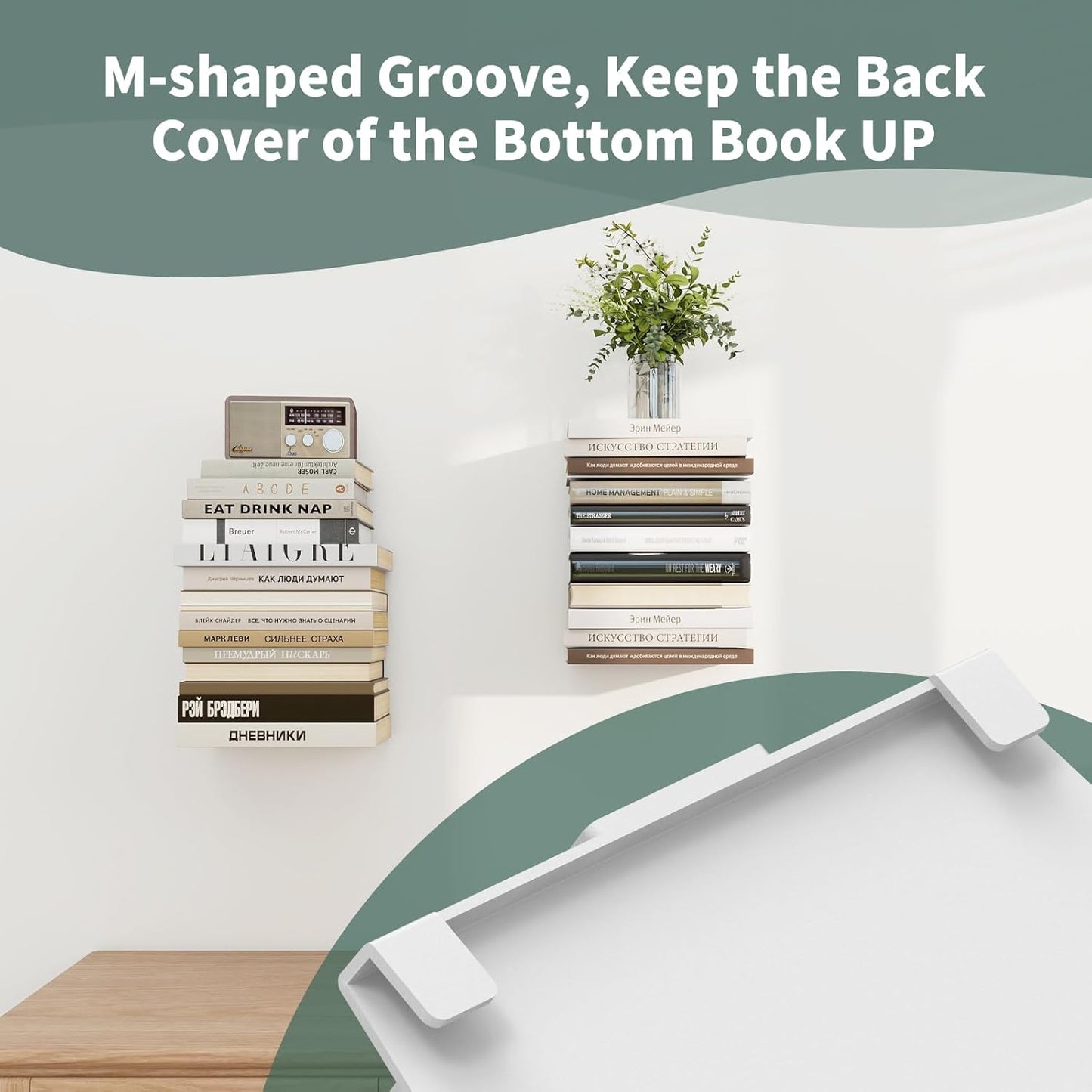 Invisible Floating Bookshelves for Wall, 8 Tier Vertical Spine Book Tower, Heavy Duty Floating Book Shelves Metal Book Organizers for Home Office, 4 Pack(White)