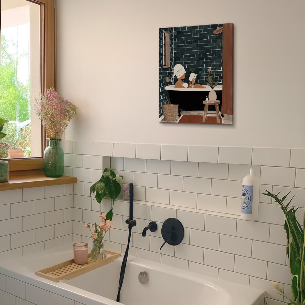 Modern Bathroom Wall Art Print Woman Reading in Bathtub Poster Artwork Wall Decor for Spa Bathroom Washroom 8x10 Canvas Framed