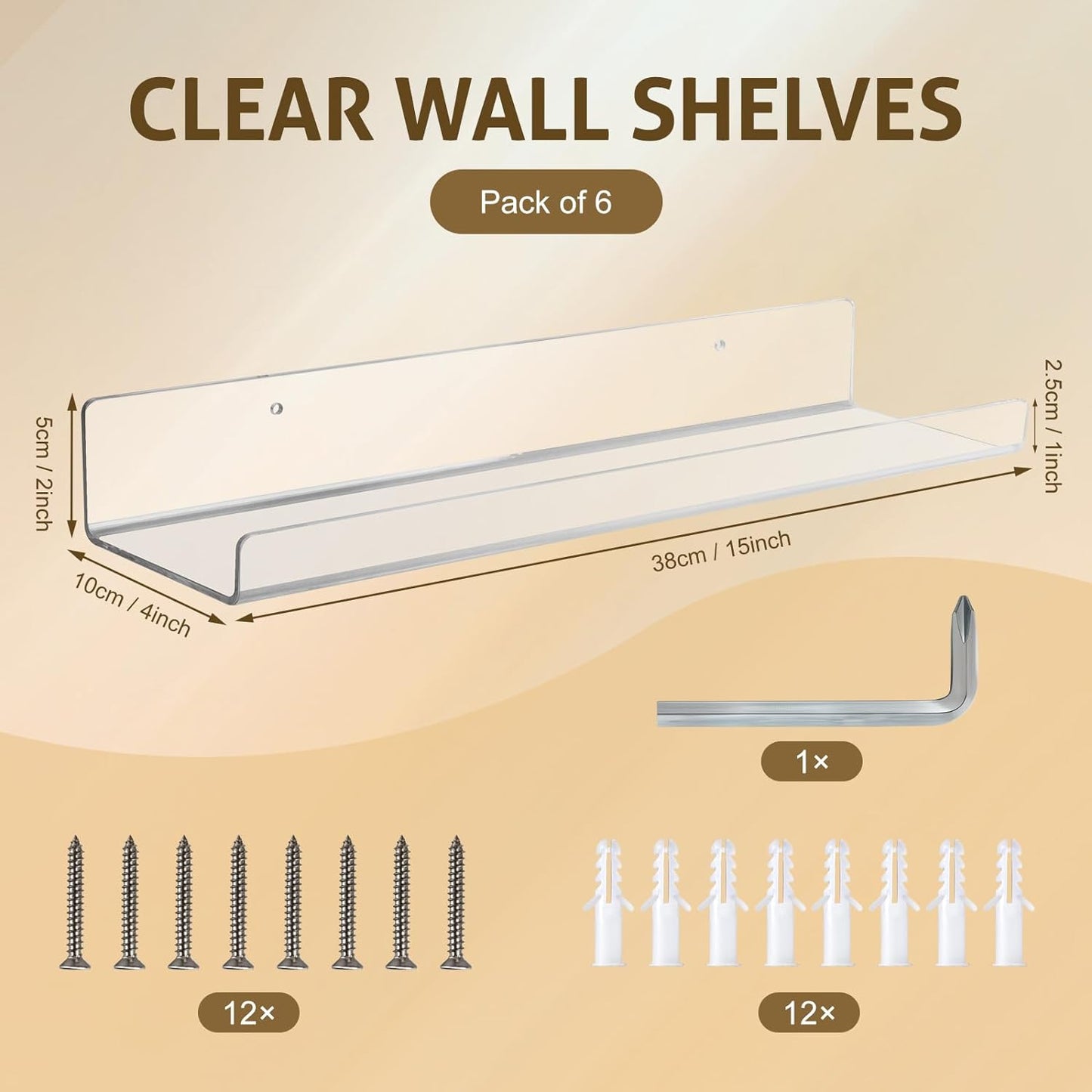 Acrylic Floating Shelves for Wall 6 Pack, 15" Acrylic Shelves for Room Decor, Book Shelf for Kids, Clear Hanging Display Shelf Organizer for Kitchen, Bedroom, Bathroon Organizers and Storage