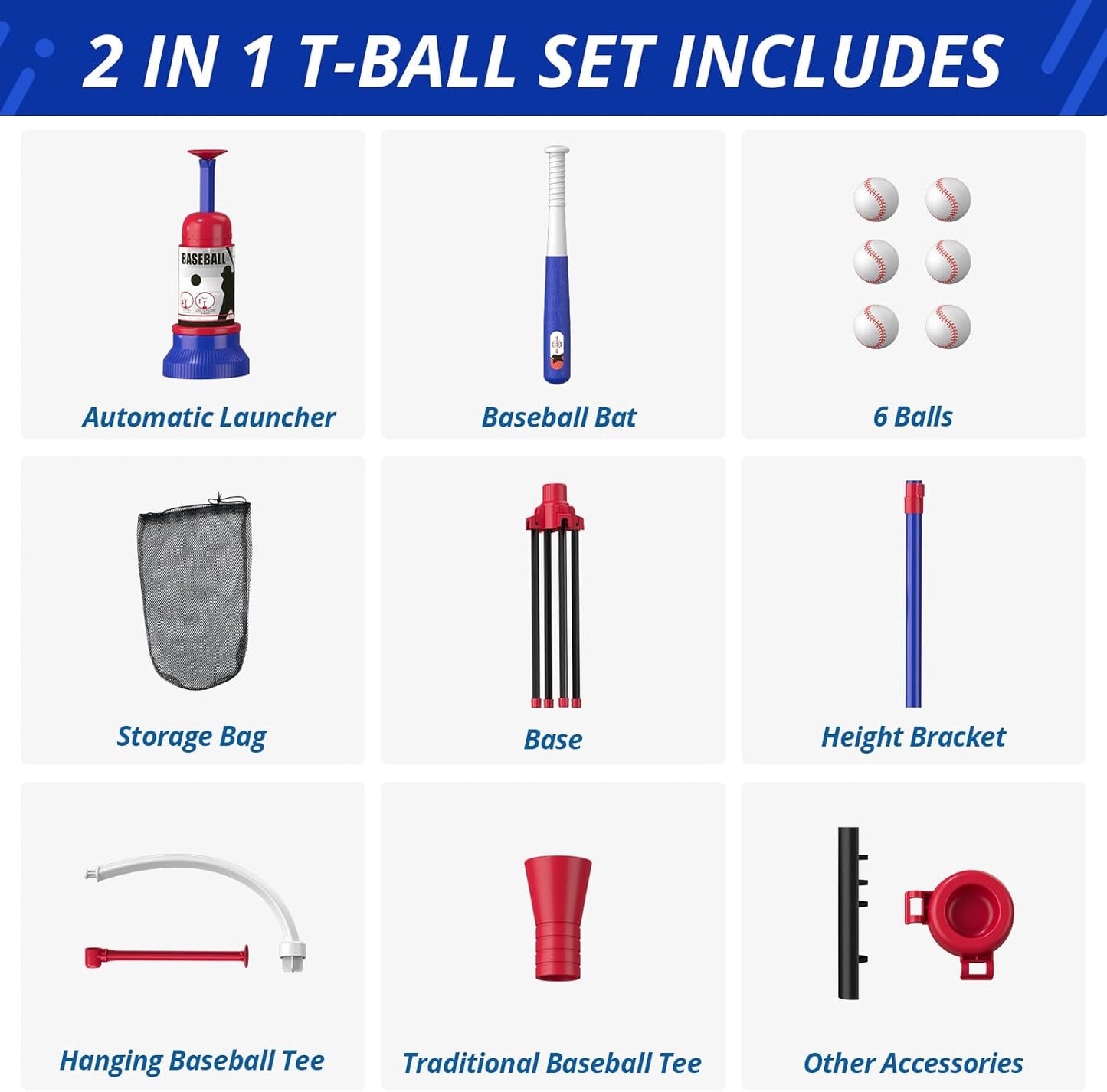 3-in-1 Baseball Set for Kids 3-5 - Tee Ball Stand, Hanging Tee, Ball Launcher and 6 Softballs - Adjustable Height, Indoor/Outdoor Sport Gifts for Boys Girls, Blue