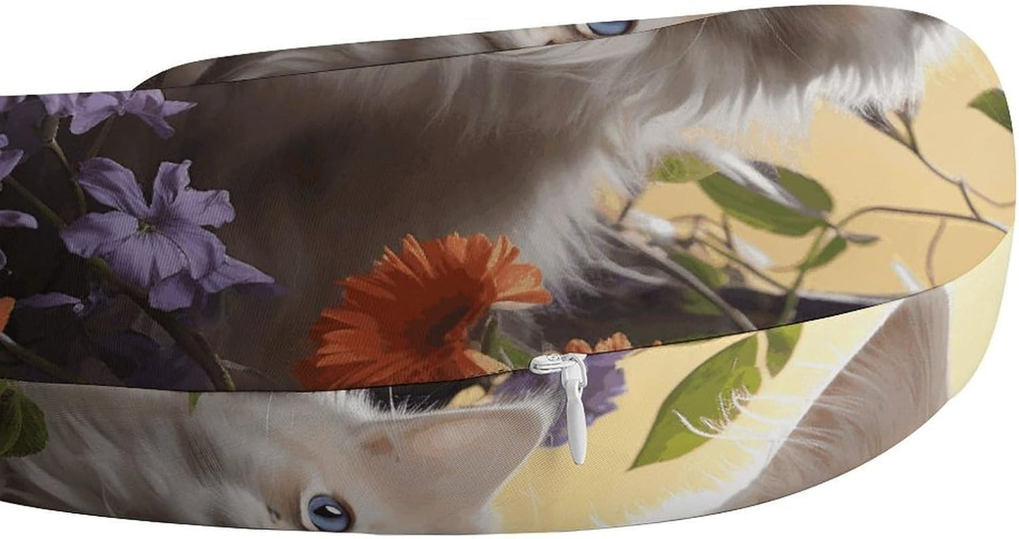 Cat Flowers Neck Pillow Memory Foam U Shaped Pillows Portable Pillows for Shoulder Travel Head Support Pillow with Concealed Zipper for Airplane Car Home Office