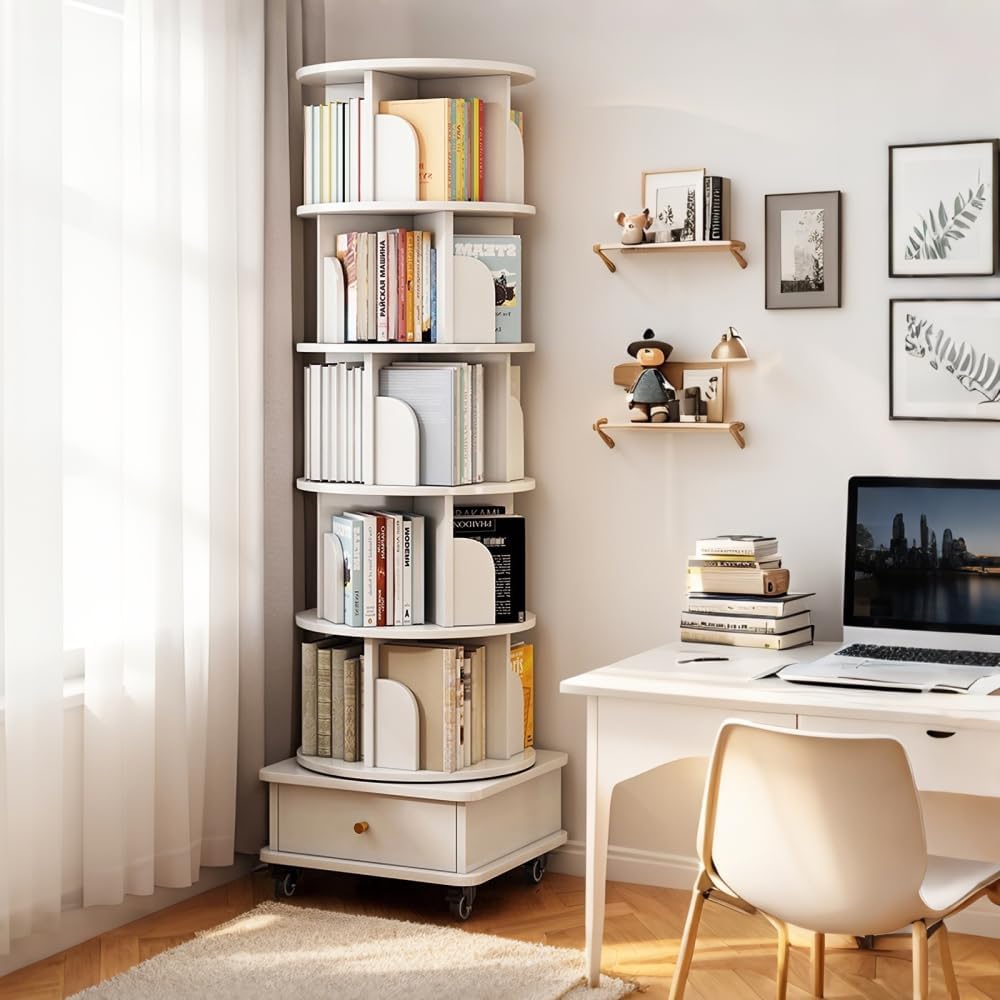 360° Rotating 6-Tier Bookshelf with Drawer & Wheels - Space-Saving Tall Bookcase for Bedroom, Living Room & Office - Stylish White Wood Corner Shelf