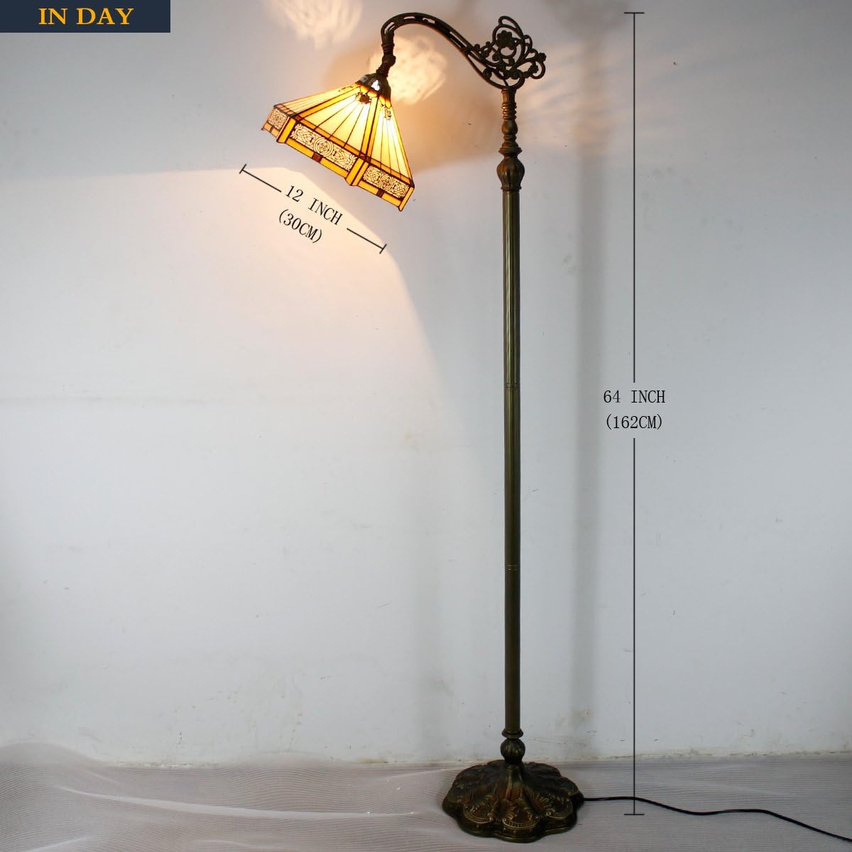 WERFACTORY Tiffany Floor Lamp Mission Hexagon Stained Glass Arched Lamp 12X18X64 Inches Gooseneck Adjustable Corner Standing Reading Light Decor Bedroom Living Room S011 Series