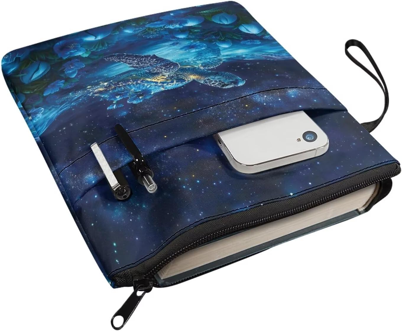 Book Sleeve for Hardcover Paperback Book Cover with Zipper and Rope Blue Floral Turtle Starry Print Bible Bag for Women Men Storage Pouch Puse for Outdoor Study