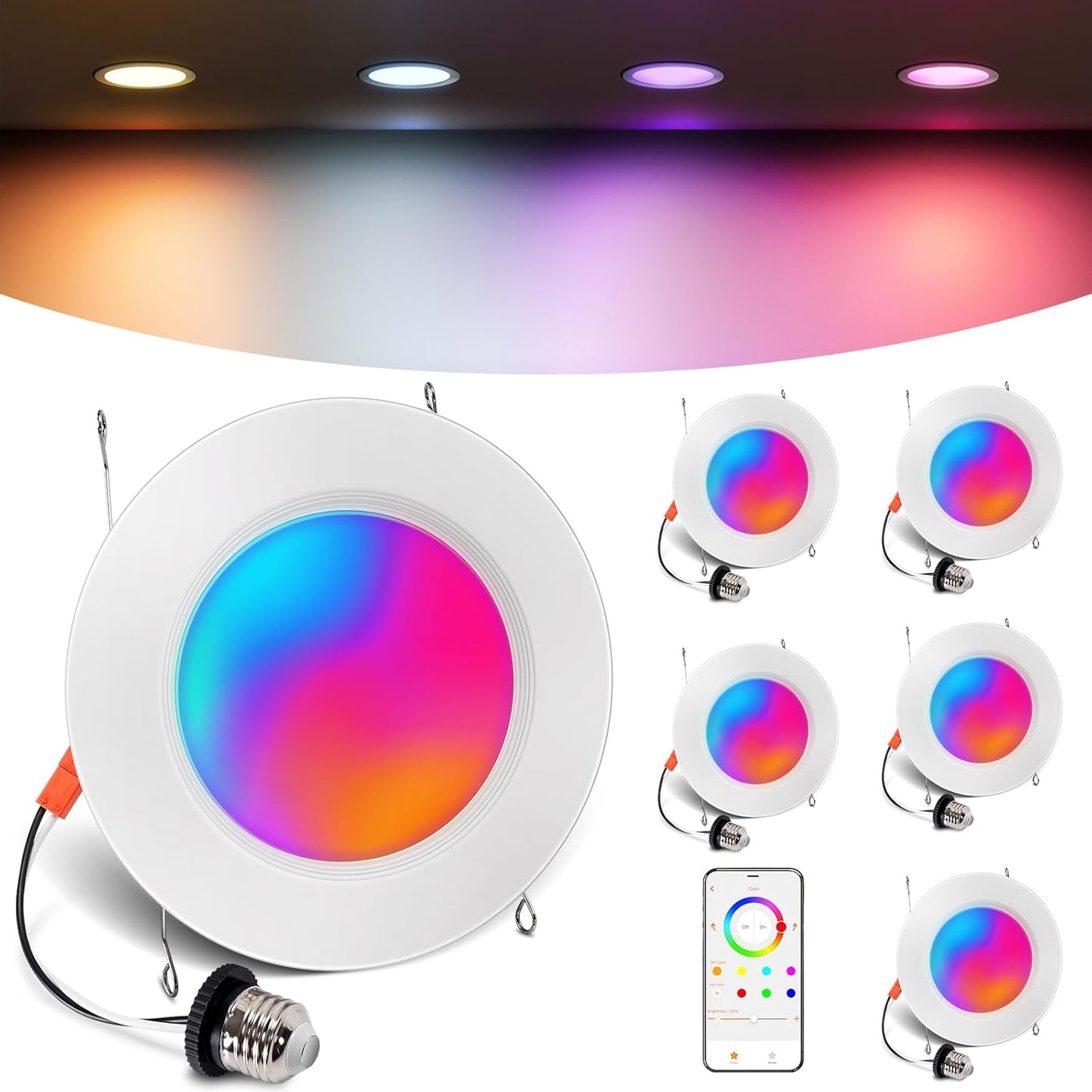 Smart Recessed Lighting 6 Inch, RGBCW Color Changing Smart Can Light Bluetooth Connect, Flicker Free, 13W 1300LM, Dimmable Retrofit Downlight Works with Alexa Voice & App Control, ETL, 6 Pack