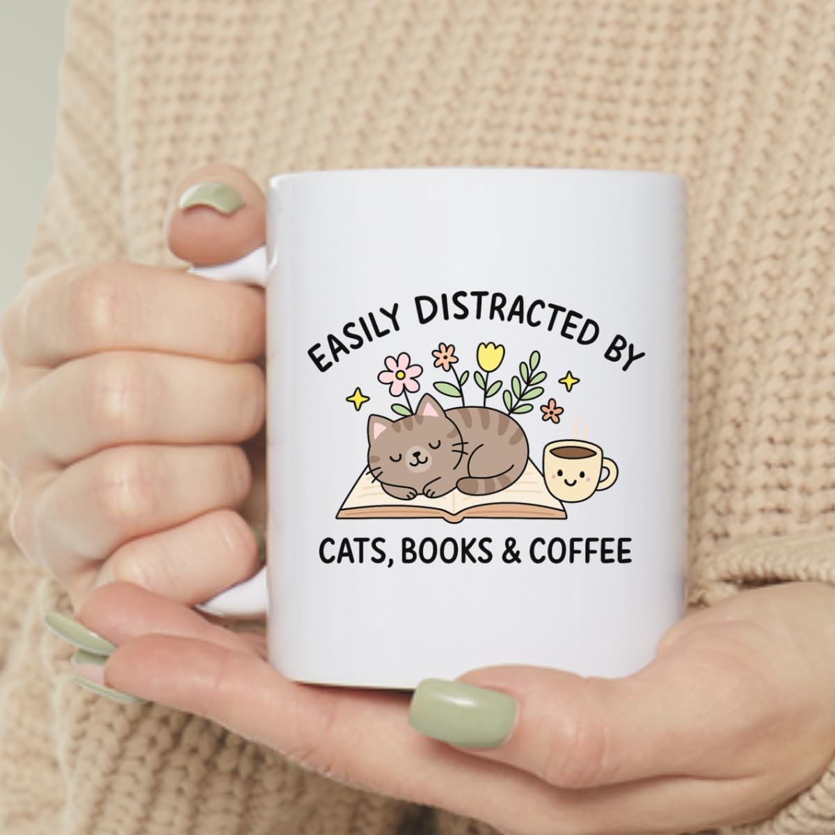 EZCLASSY-Cute Cat Books Coffee Mug – Funny Reading Lover Gift for Women, Cat Moms & Bookworms, Cozy 11oz Ceramic Cup for Home Office