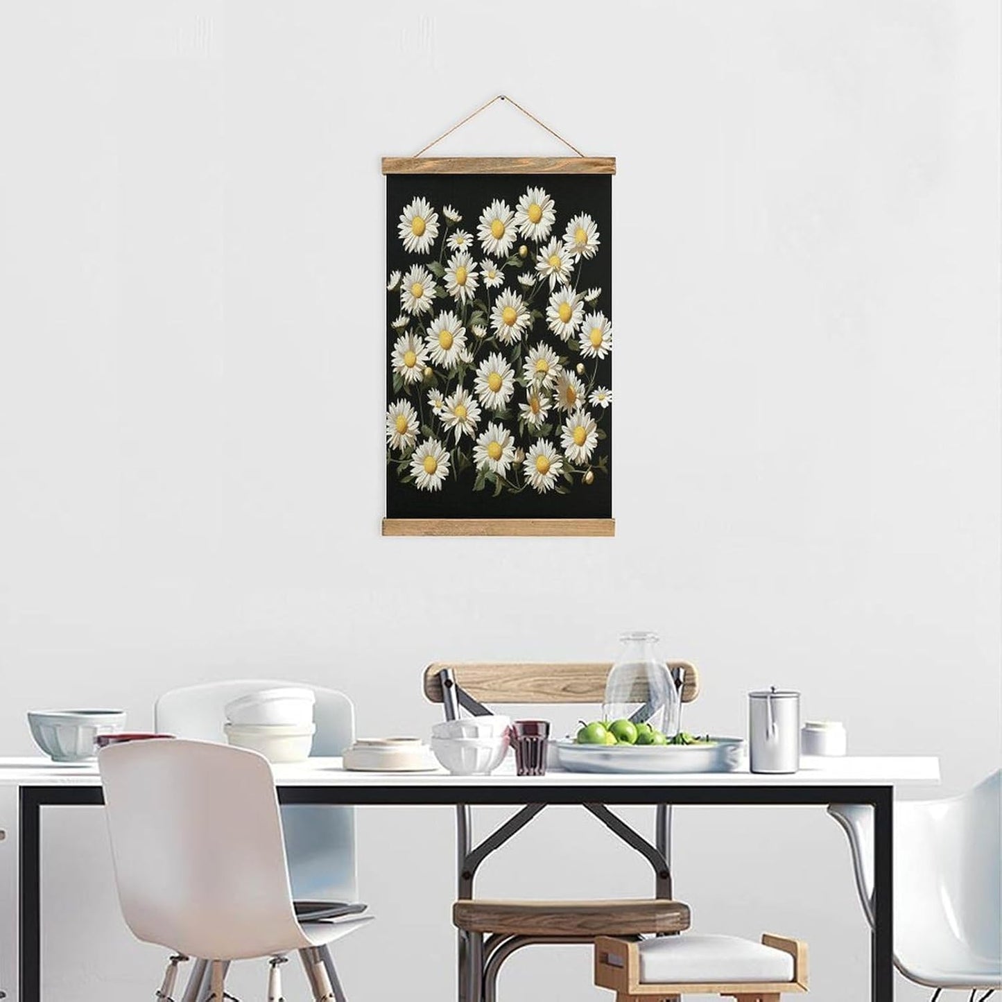 Vintage Daisy Poster with Wooden Frame Personalized Linen Hanging Scroll Painting Rustic Wall Hanging Illustrative Modern Artwork Decor for Home Living Room Bedroom Office