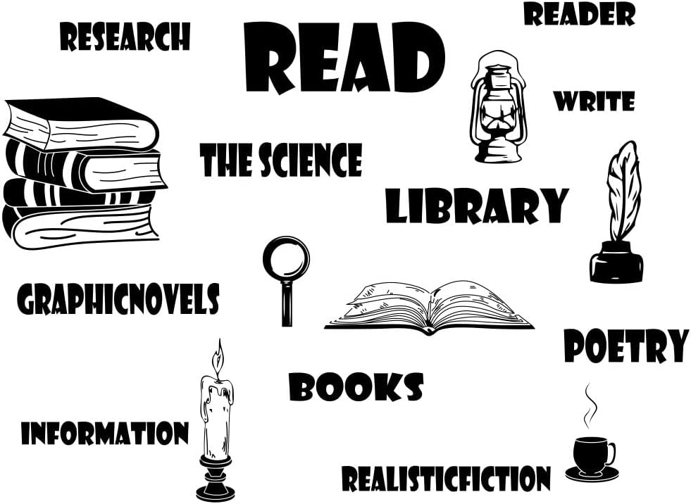 Reading & Learning Quotes Wall Sticker - PVC Removable Wall Art with Candle, Coffee, Pen & Lamp for Study, Classroom & Student Room Decor - 26"x36" Size (black-JWH275-reading)