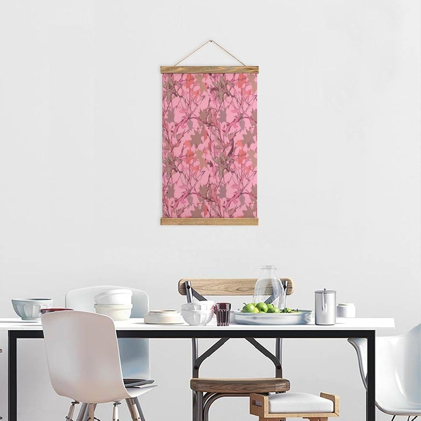 Vintage Pink Leaves Camo Poster with Wooden Frame Personalized Linen Hanging Scroll Painting Rustic Wall Hanging Illustrative Modern Artwork Decor for Home Living Room Bedroom Office