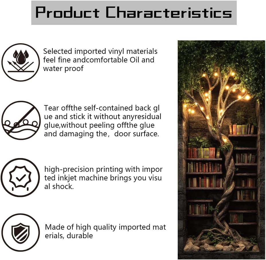 arricraft 2 Pcs Self-Adhesive Door Sticker, 31.5"x78.7" Fantasy Tree-Shaped Bookshelf Retro Bookshelf Light Tree Murals Stickers PVC Removable Wallpaper Decoration for Bedrooms Living Room
