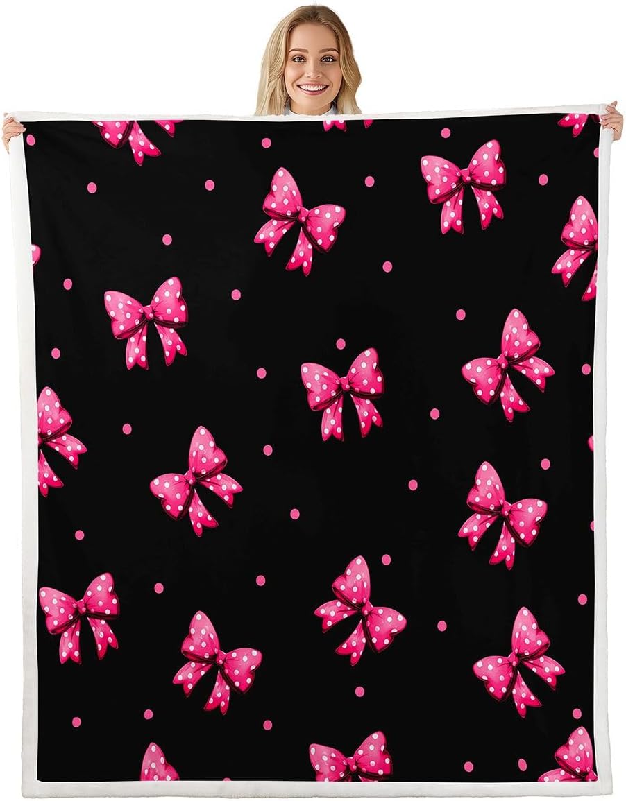 Feelyou Pink Bow Sherpa Throw Blanket for Couch Cute Polka Dot Super Soft Cozy Fleece Kawaii Bow Tie Blanket for Winter, Plush Throw Princess Decor Baby 30"x40" All Season