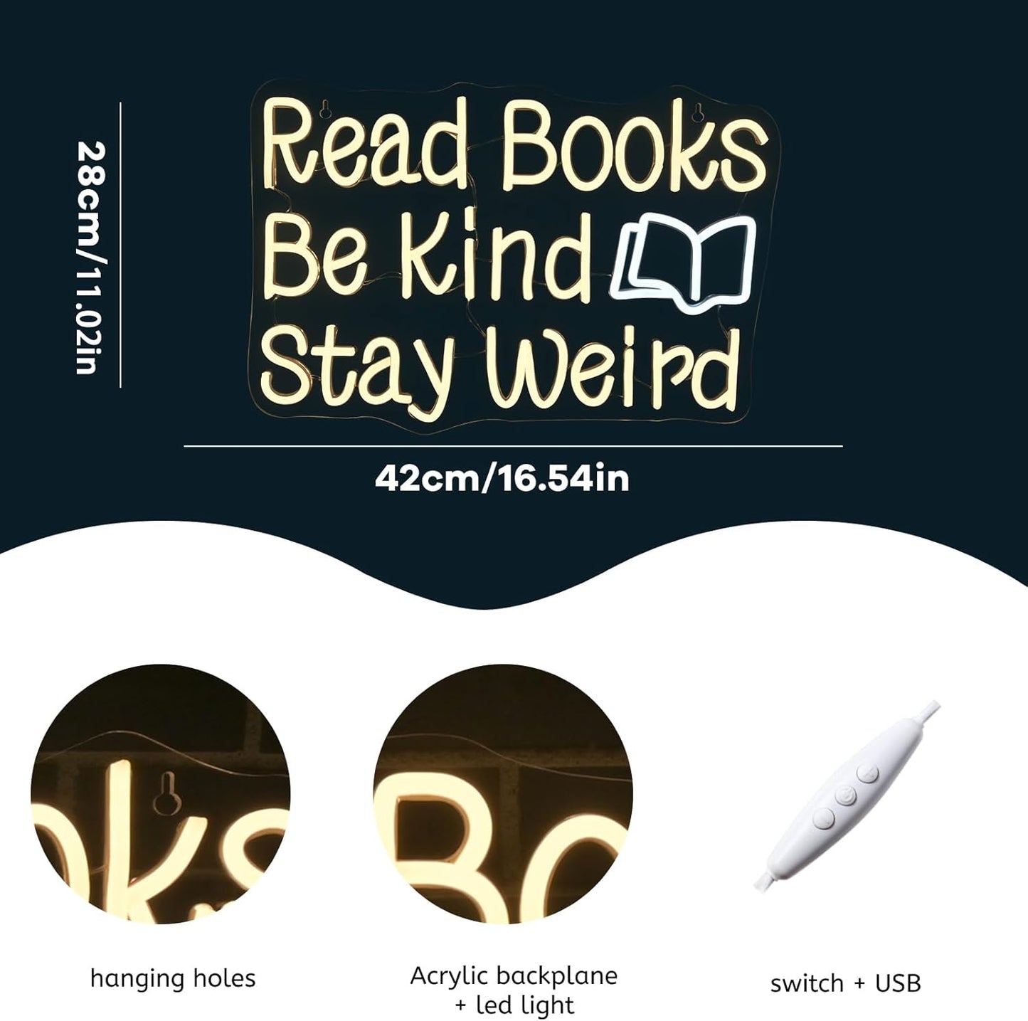 WLHOPE Read Books Be Kind Stay Weird Neon Sign Neon Signs for Wall Decor Lovers Gifts Bedroom Bookstore Reading Room Library Study Room Decoration Read Books Neon Lights LED Sign