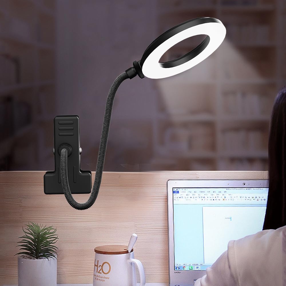 LED Desk Lamp with Clamp, Eye-Caring Reading Light with 3 Color Modes 10 Brightness, Flexible Gooseneck Clip On Lamp for Home Office Bed Headboard, USB Powered Dimmable Table Light