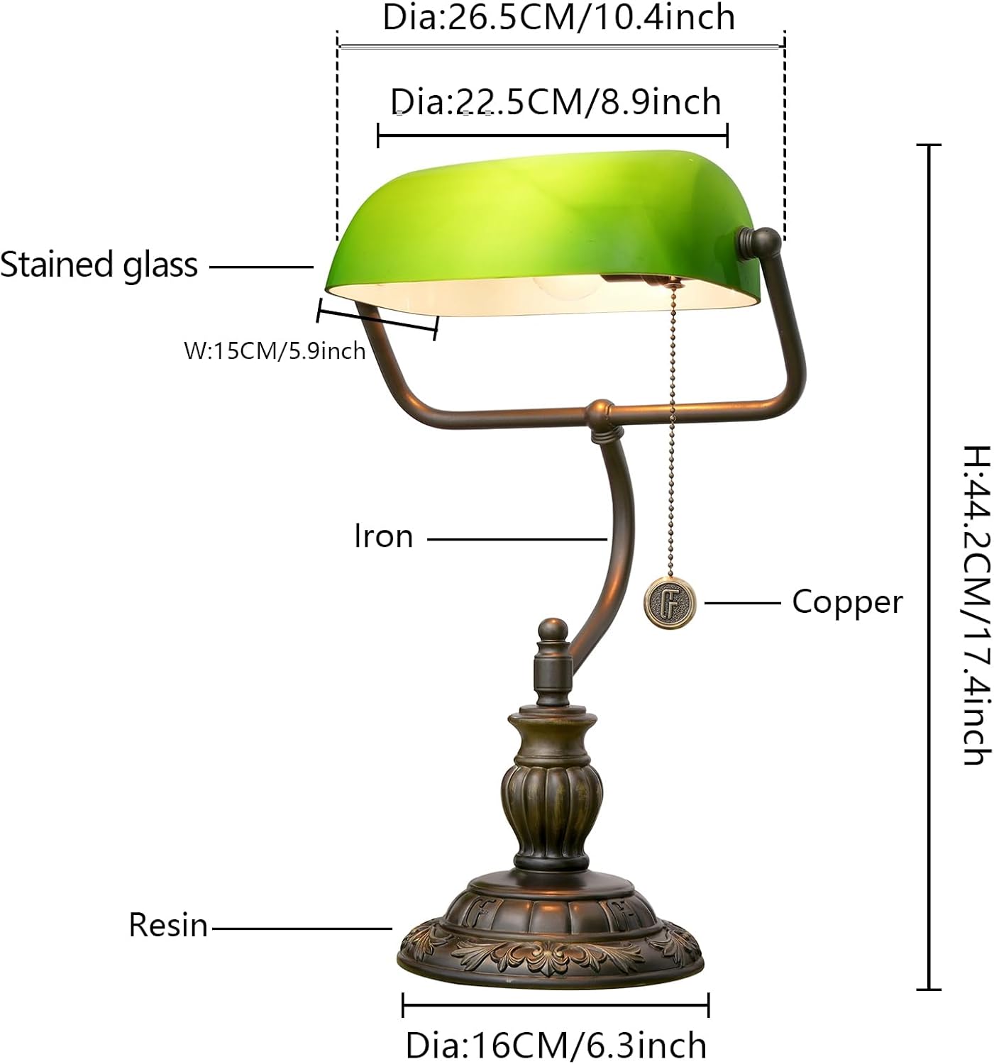 Green Bankers Lamp Vintage Glass Banker's Desk Lamps with Bedroom Bedside Study Zipper Pull Chain Switch LED library Reading Desk Light Retro Office Adjustable Nightstand Aesthetic Antique Table lamp