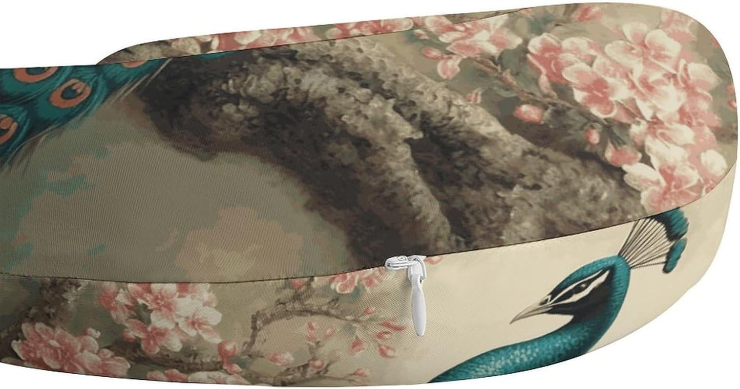 Oriental Peacock on Flower Tree Neck Pillow Memory Foam U Shaped Pillows Portable Pillows for Shoulder Travel Head Support Pillow with Concealed Zipper for Airplane Car Home Office