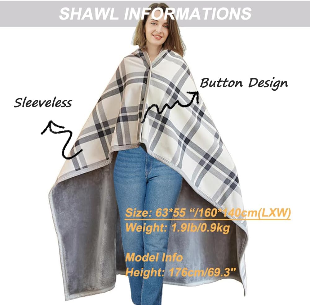 Fleece Wearable Blanket Poncho for Women 63 * 55" Plaid Lap Blanket Shawl Wrap Throw Cape with Buttons for Bed Desk Office- Plush Sleeveless for Grandma Gifts