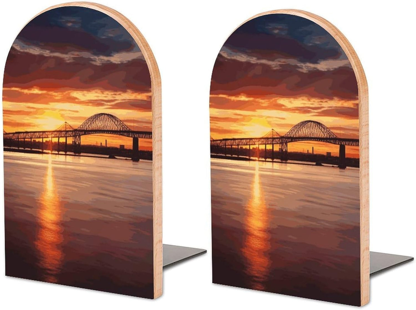 Non-Slip Bookend for Shelves Newark Bay Bridge and Sunset Wooden Bookends with Metal Base Decorative Book Stopper for Home Heavy Duty Wood Book Storage for Books/CDs