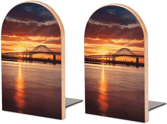 Non-Slip Bookend for Shelves Newark Bay Bridge and Sunset Wooden Bookends with Metal Base Decorative Book Stopper for Home Heavy Duty Wood Book Storage for Books/CDs