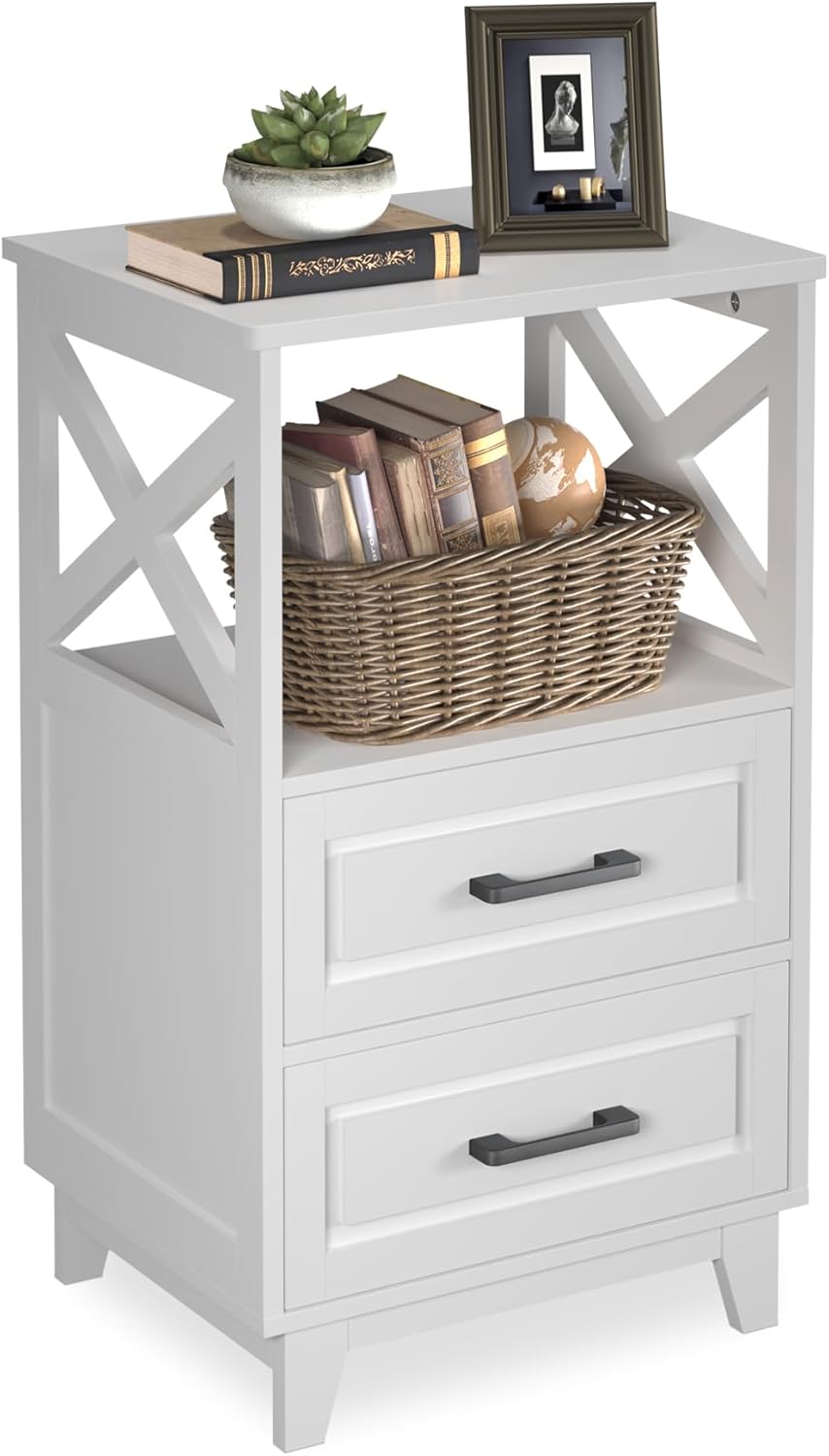 White Nightstand, Tall Bedside Table, Farmhouse Side Table with Storage Drawers and Open Shelf, Wooden Rustic End Table Cabinet for Bedroom, Home Office, White