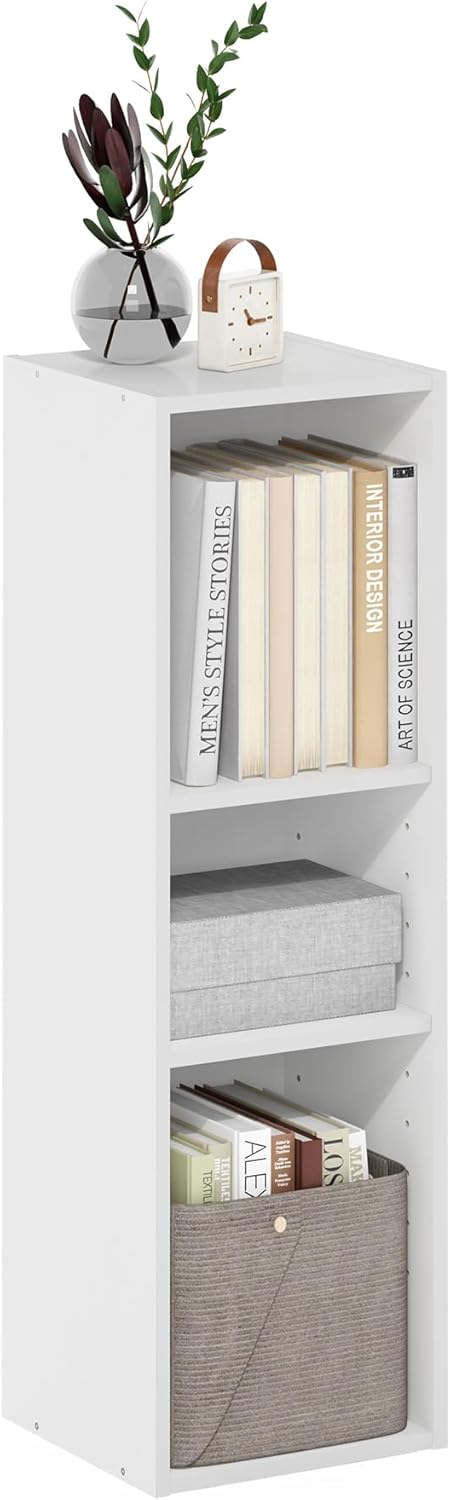 Furinno Fulda Book Shelf, 3-Tier Narrow Bookshelf, Bookcase with 10-in Width Storage Shelf, 9.3 x 9.8 x 31.5, for Living Room, Bedroom, Home Office, Plain White