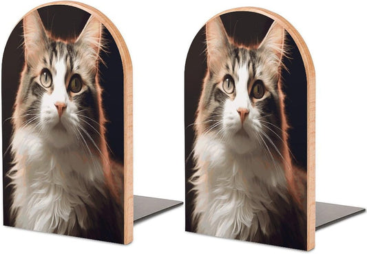 Cat Bookends 1 Pair Heavy Duty Book Ends for Shelves Non-Skid Bookend Supports Wooden Book Holders with Metal Base Desk Organizers Books Storage to Hold Books