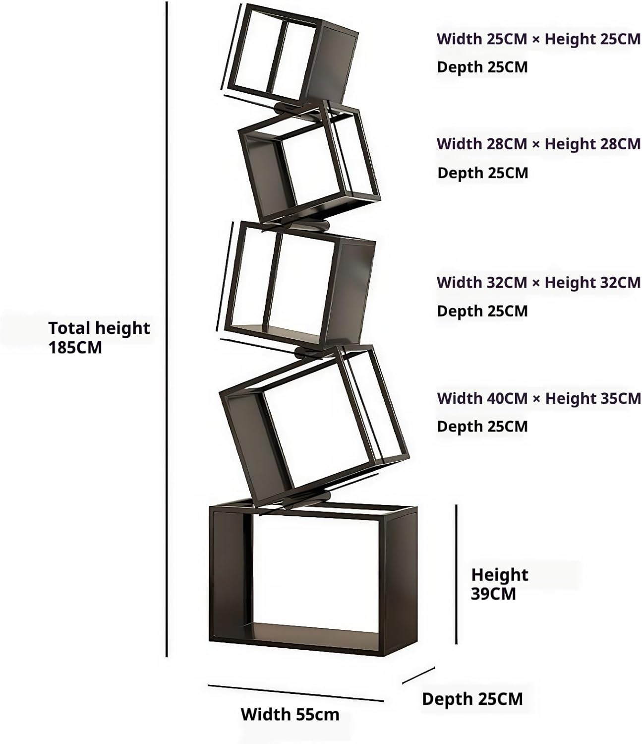 Geometric 5 Tier Bookshelf, Durable Black Metal Bookcase with Artistic Open Shelves, Tall Narrow SavingSpace Book Shelf for Living Room & Office