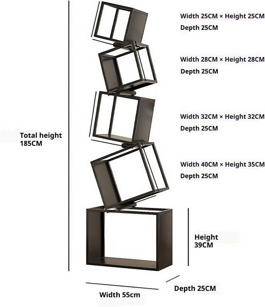 Geometric 5 Tier Bookshelf, Durable Black Metal Bookcase with Artistic Open Shelves, Tall Narrow SavingSpace Book Shelf for Living Room & Office