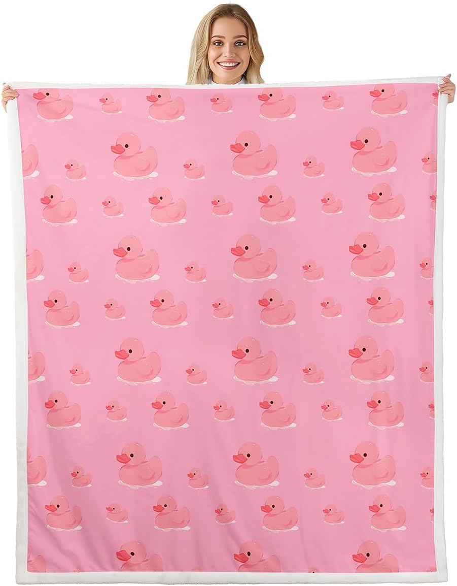 Pink Duck Throw Blanket,Farm Animals Fleece Blanket,Cartoon Duck Blankets for Kids Girls Teens Boys Room Decor,Fashion Pink Print Sherpa Blanket,for Chair/Sofa,40"×50"