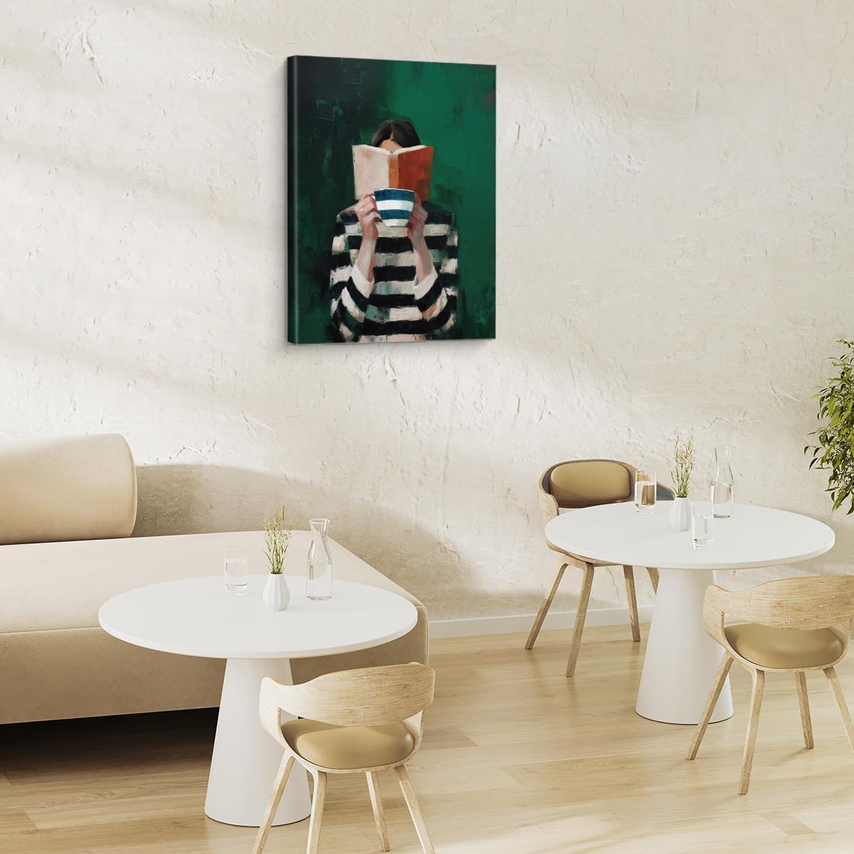 Vintage Reading Woman Canvas Wall Art Print Striped Sweater Girl Picture Painting Artwork Emerald Green Wall Decor for Home Living Room Reading Room 8x10 Framed