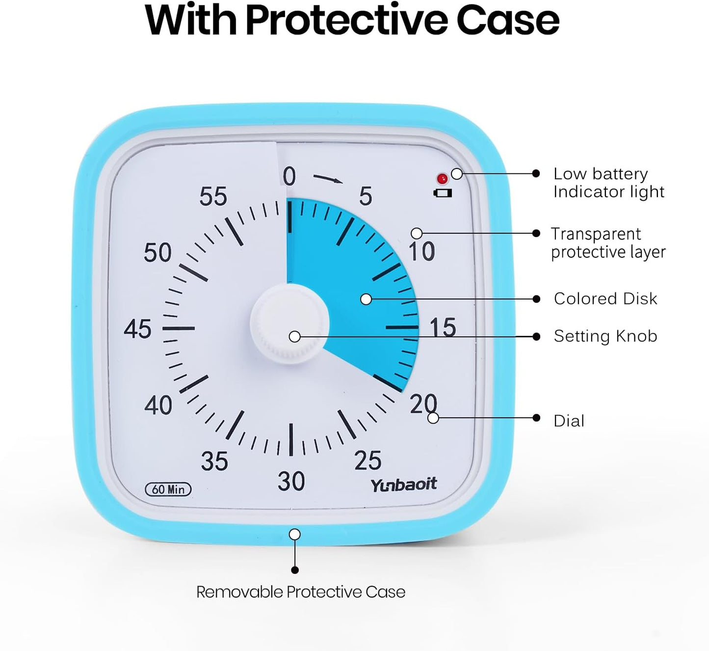 Yunbaoit Upgraded Visual Timer with Protective Case 60 Minute Countdown Timer for Kids with Low Power Indicator Light Clock Time Management Tool (Blue Blue)
