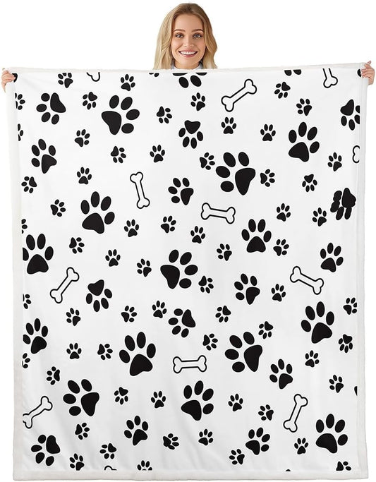 Castle Fairy Dog Paw Print Fleece Throw Blanket Super Soft Cozy Puppy Bone Sherpa Blanket for Kids Women Adults Black White Plush Blanket Dog Footprints Fuzzy Blanket for Sofa Bed Couch(30x40 Inches)