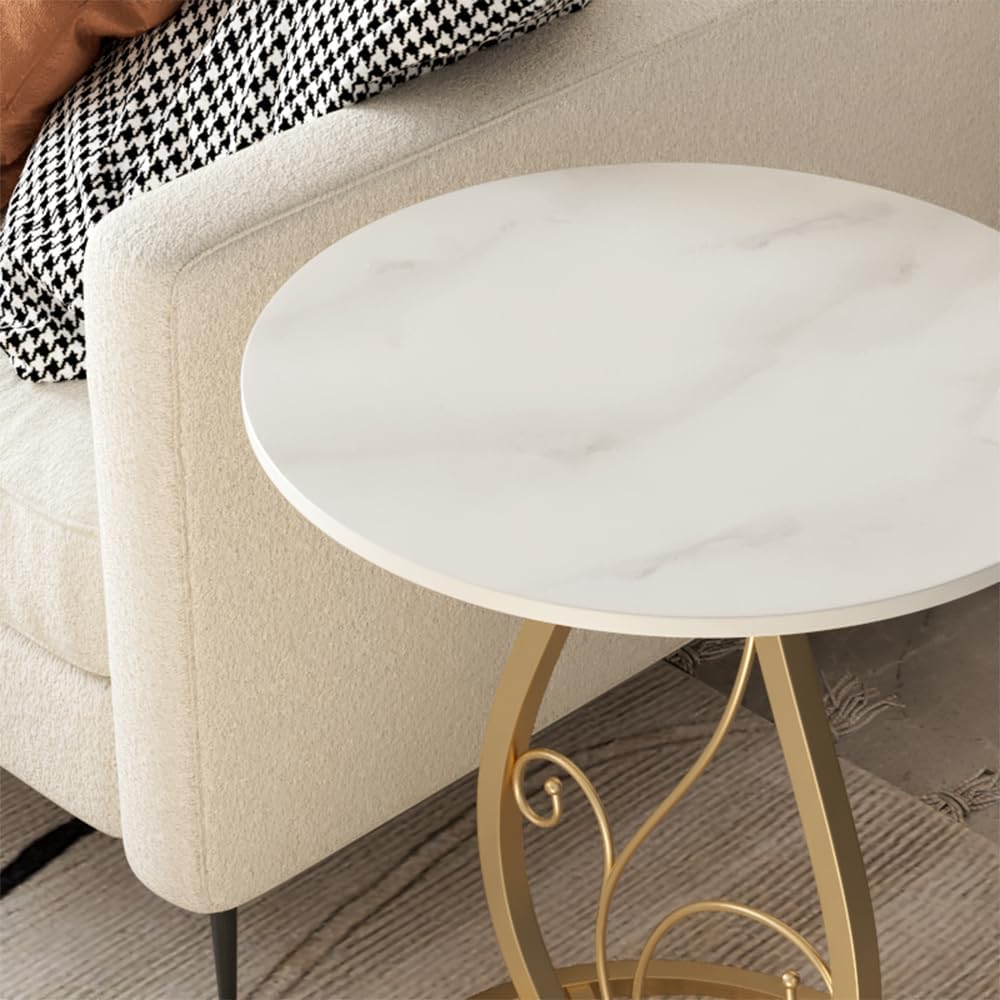 Boho Round Side Table Living Room, Natural Marble Desktop end Tables with Boho Minimalist Metal Floral Base, Modern Decor Bedside nightstand Coffee Table for Living Room Bedroom Sofa Balcony