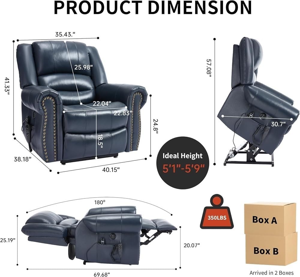 Dual Motor Power Lift Recliner with Heat Massage and Lay Flat Infinite Position Electric Chair Leather Adjustable Standing Assistance Blue Reclining Sofa for Elderly