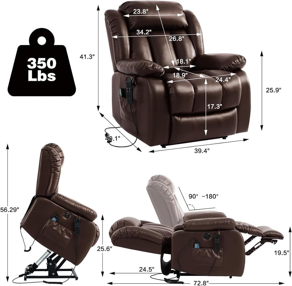 Large Power Lift Recliner Chair with Massage & Heat for Elderly, Heavy Duty Electric Recliner with USB Ports, Remote Control & Motor, Leather Upholstery for Living Room