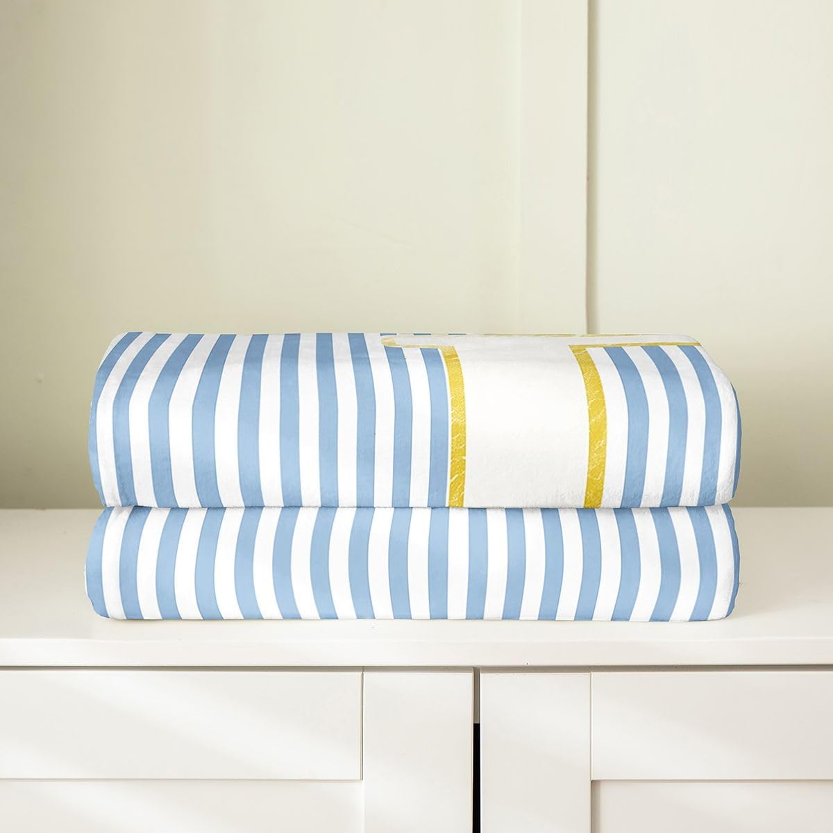 Manfei Initial Letter D Flannel Blanket for Kids Adults,Blue White Striped Flannel Fleece Blanket Queen 90"x90",Modern Aesthetic Stripe Lightweight Bed Blankets All Season Use