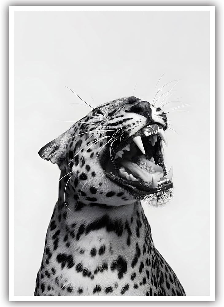 Funny Animal Posters Black and White Leopard Roaring Wall Art Vintage Cheetah Decor Trendy Print Canvas Eclectic Wildlife Aesthetic Prints for Living Room Bedroom Bathroom Poster 16x24in Unframed